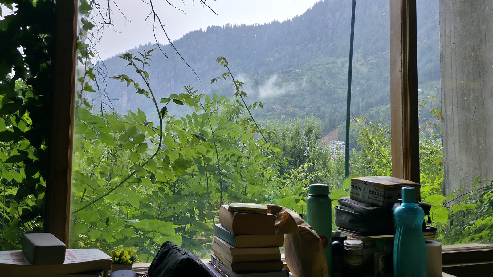 Books and water bottles beside a wide hostel window overlooking the orchard