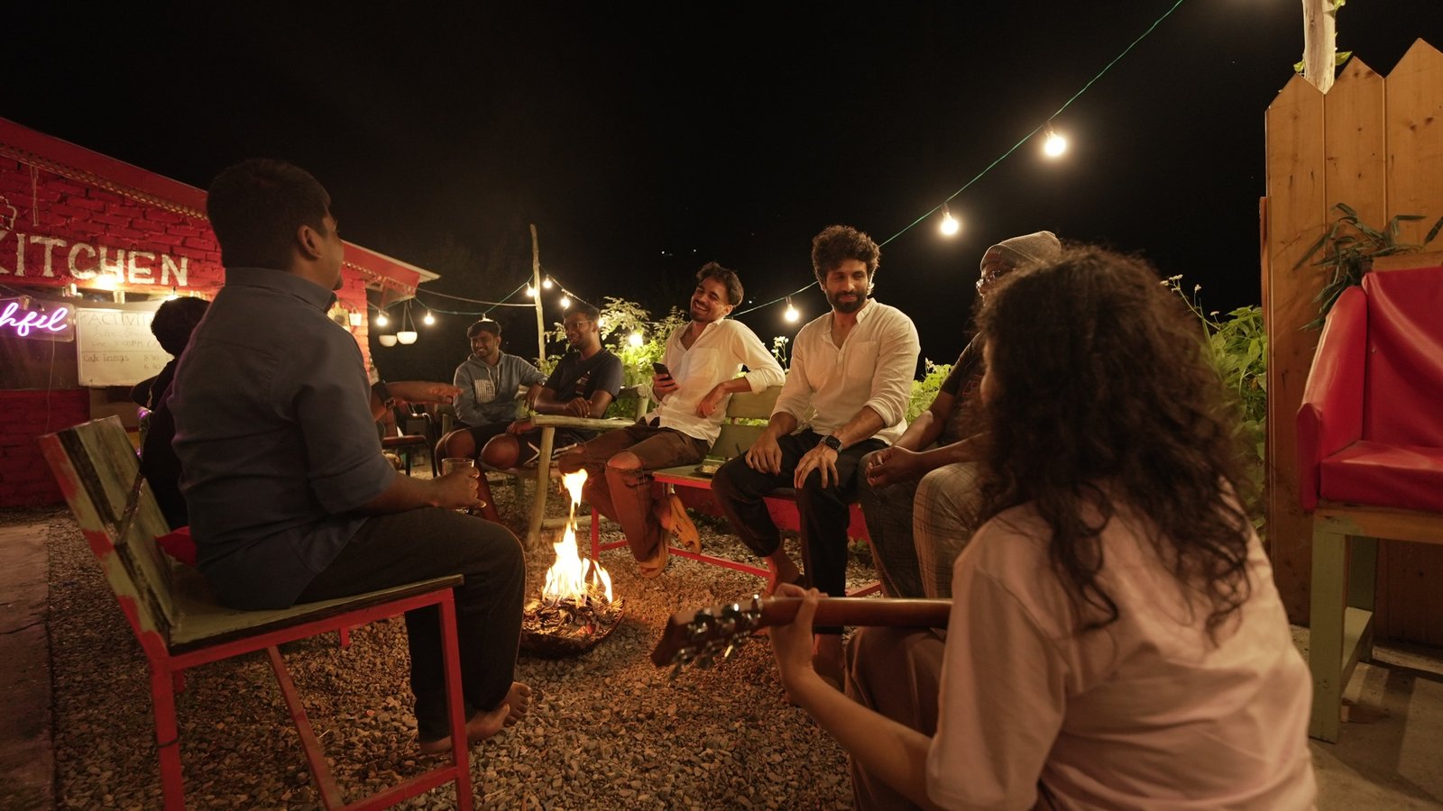Close view of the Safar bonfire and guitar circle
